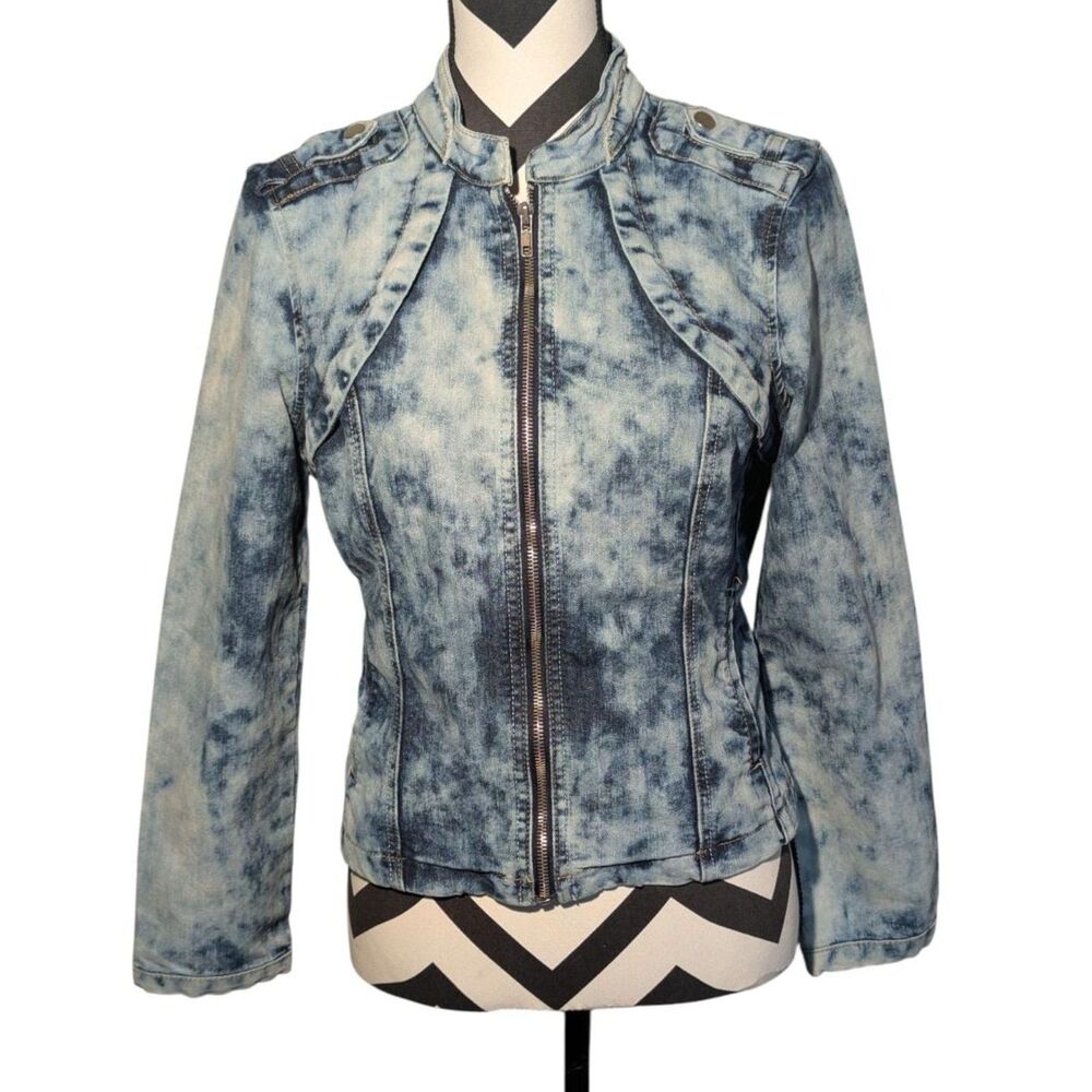 Baccini Y2K Acid Wash Denim Moto Jacket Medium Blue Jean Biker Style